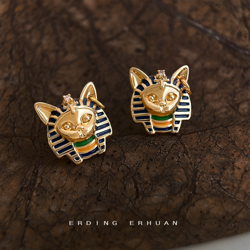 Pendientes de  para mujer con diseño original vintage de cabeza de faraón egipcio de gato, bañados en plata con esmalte gota y esmalte pintado, y baño de oro de 14K.